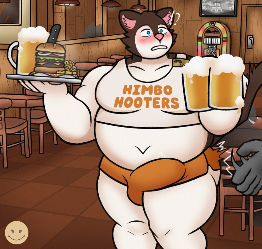 anthro blush bulge butt_slap domestic_cat felid feline felis hi_res himbo_hooters hooters hooters_uniform lucknomz male mammal overweight overweight_male slap solo surprised_expression