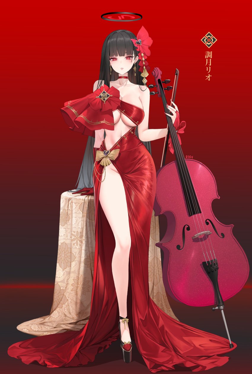 absurdres alternate_costume bare_shoulders black_hair blue_archive blush breasts cello choker clothing_cutout commentary_request dishwasher1910 dress elbow_gloves evening_gown female full_body gloves hair_ornament halo highres instrument large_breasts long_dress long_hair looking_at_viewer navel no_panties parted_lips red_background red_choker red_dress red_eyes red_gloves rio_(blue_archive) simple_background single_glove solo standing thigh_slit thighs underboob