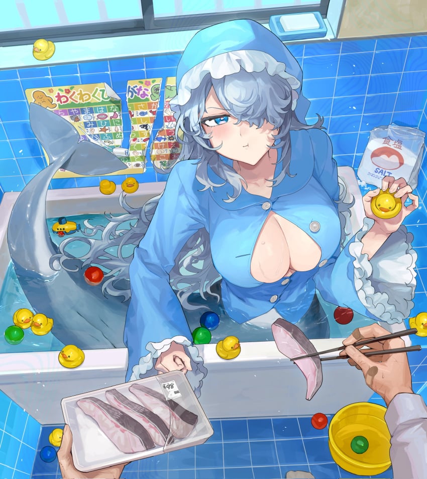 angry big_breasts blue_eyes blue_hair gray_hair hot_spring huge_breasts humanoid japanese_text navel oc oc_(sakoku) original_character pajamas pink_eyes sakoku water