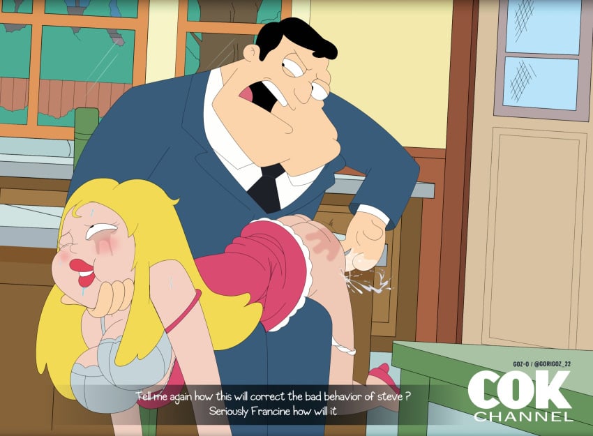 1boy 1girls american_dad big_breasts blonde_hair dialogue fingering francine_smith gosgoz hand_mark mascara_smear panties_down pleasure_face red_lipstick spanking stan_smith suit white_panties