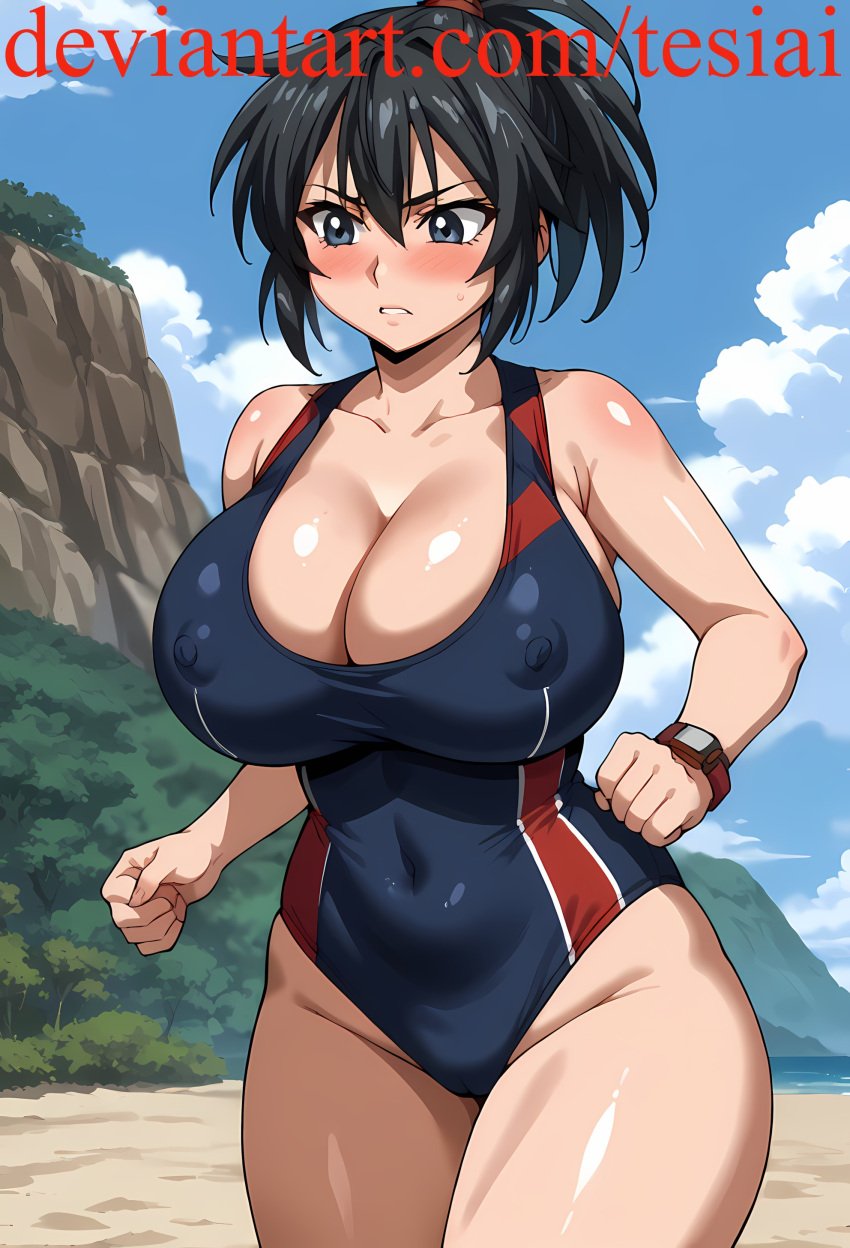 1girls ai_generated ass big_ass big_breasts black_hair blue_eyes breasts busty busty_female female female_only huge_ass huge_breasts large_ass large_breasts light-skinned_female light_skin manyuu_chifusa manyuu_hikenchou ponytail solo_female tesiai voluptuous voluptuous_female