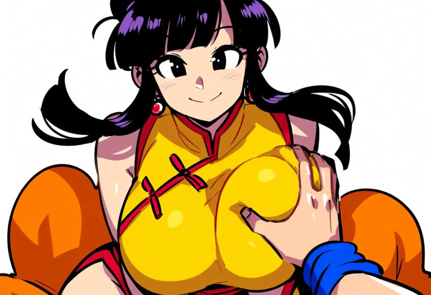 ai_generated black_hair breast_grab chichi chinese_clothes dragon_ball dragon_ball_super dragon_ball_z female groping husband_and_wife mature_female milf mullon novelai pov saiyan single_hair_bun smile son_goku