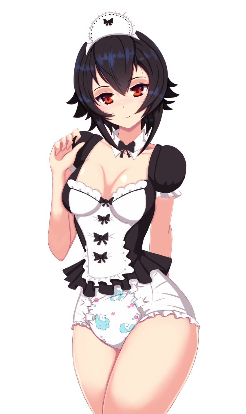 1girls black_hair bowtie breasts detached_collar diaper game_cg large_breasts lilith-fetish looking_at_viewer maid maid_apron maid_headdress maid_uniform red_eyes short_hair sofia's_secret yuhi_(sofia's_secret)