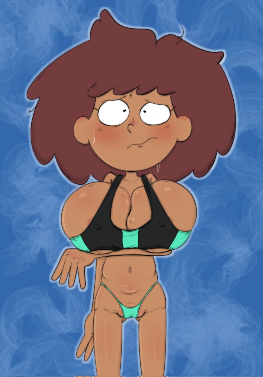 1girls amphibia amphibia_(series) anne_boonchuy areola_slip bikini brown_body brown_hair cleavage disney disney_channel female female_only huge_breasts mindgasmyt revealing_clothes sideass sideboob