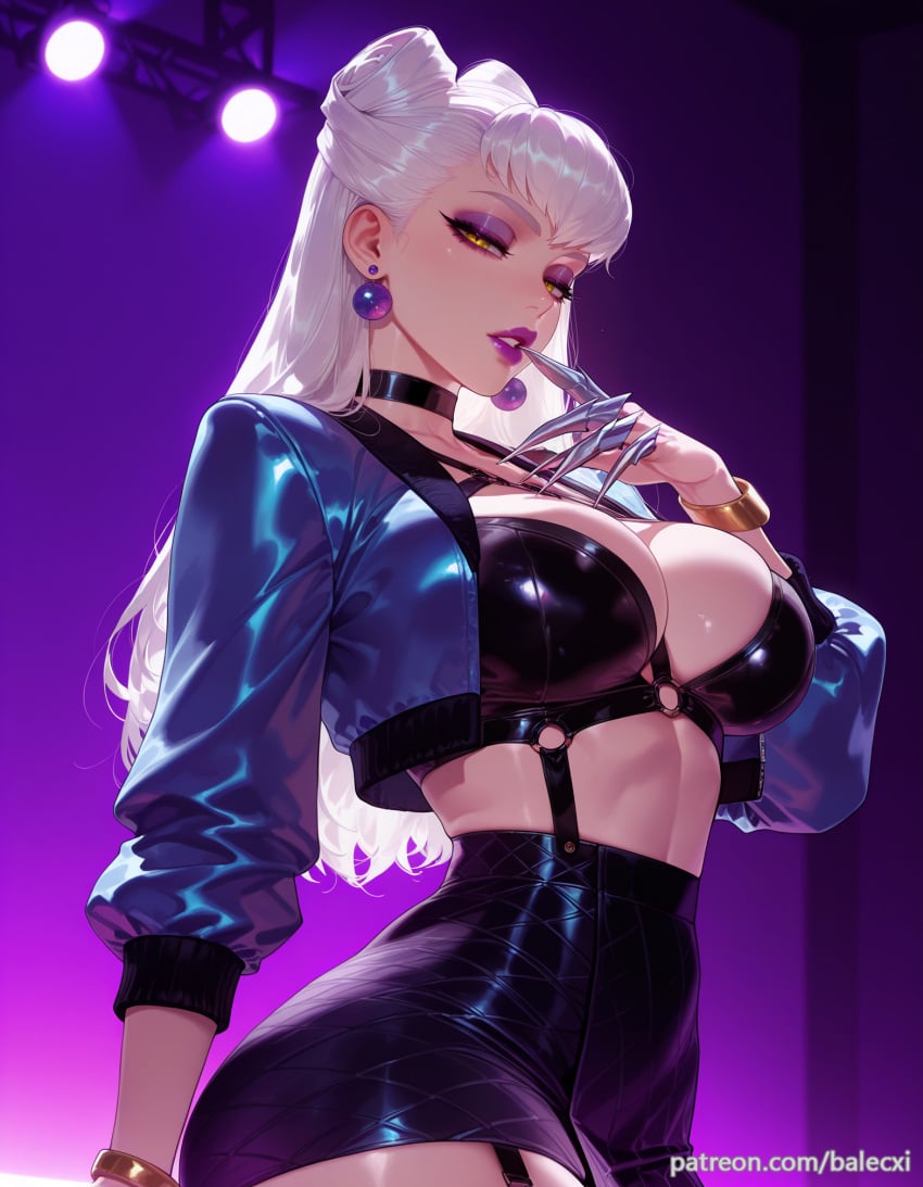 ai_generated balecxi black_choker bracelet claw_(weapon) claws cropped_jacket earrings evelynn eyeshadow female garter_straps jewelry k/da_(league_of_legends) k/da_all_out_evelynn k/da_all_out_series large_breasts league_of_legends long_hair looking_at_viewer makeup o-ring open_clothes open_jacket parted_lips patreon_username skirt solo white_hair yellow_eyes