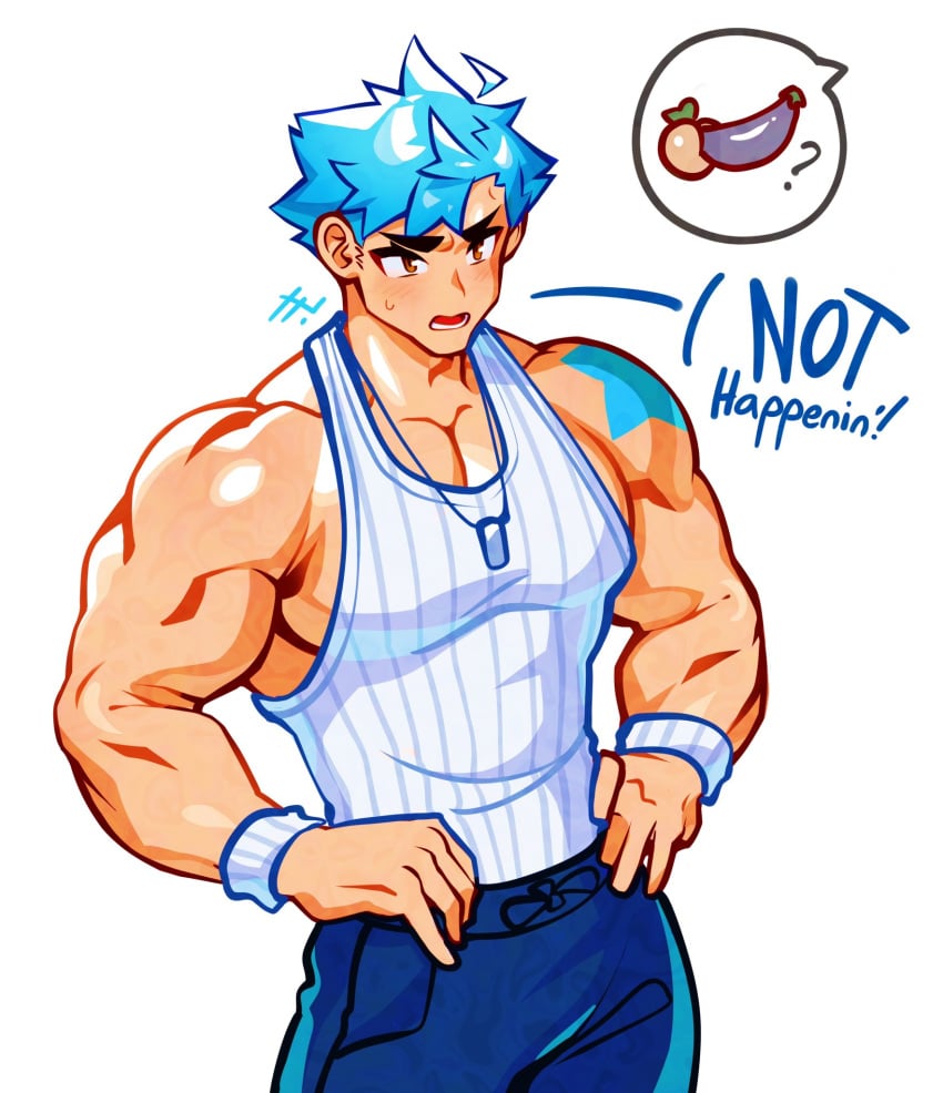 bara blue_hair blue_pants brown_eyes denbe_(sachuman) eggplant gay male male_only muscular muscular_male necklace oc peach_(fruit) sachuman tank_top tattoo text_bubble white_shirt