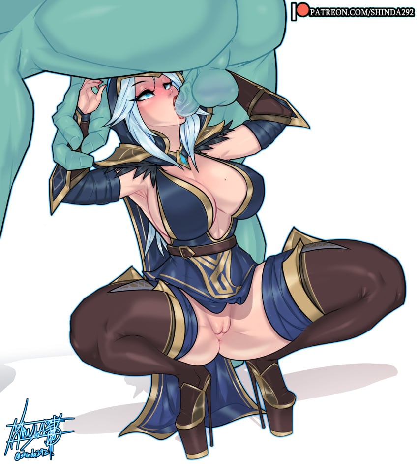 ashe_(league_of_legends) blowjob blush face_fucking fellatio huge_breasts league_of_legends rough_sex shinda292 squatting sweating sword_swallowing_position thick_thighs