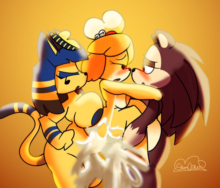 2022 animal_crossing ankha_(animal_crossing) anthro balls big_breasts black_eyes blonde_hair blue_hair blue_nipples blush bodily_fluids breasts brown_body brown_nipples canid canine canis closed_eyes cum cum_in_ass cum_in_pussy cum_inside cum_on_screen digital_media_(artwork) domestic_cat domestic_dog eulipotyphlan felid feline felis female female_penetrated genital_fluids genitals group group_sex hair hedgehog intersex intersex/female intersex_penetrating isabelle_(animal_crossing) mammal nintendo nipples nude nude_anthro nude_female nude_intersex open_mouth orange_nipples penetration penis sable_able sex shih_tzu simple_background tail threesome toy_dog trio unfortu-nate yellow_background yellow_body