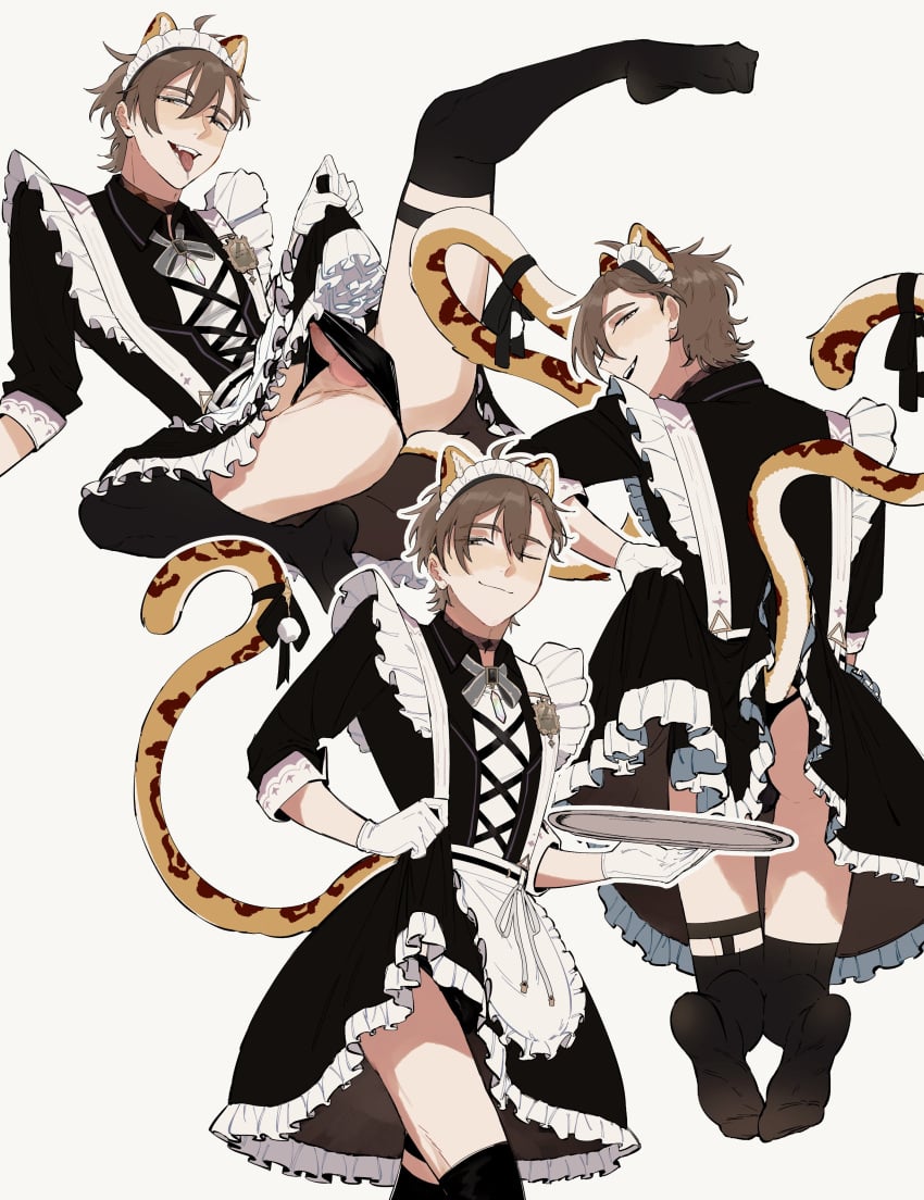 1boy absurdres alternate_costume animal_ear_fluff animal_ears apron black_male_underwear clothes_lift commentary crossdressing dress drooling eiden_(nu_carnival) enmaided frilled_apron frilled_dress frills gloves grey_ribbon hair_between_eyes hand_on_own_hip highres holding holding_plate kemonomimi_mode leg_up legwear_garter leopard_tail lifting_own_clothes looking_back looking_to_the_side maid maid_apron male_focus male_maid male_underwear multiple_views neck_ribbon nu_carnival one_eye_closed open_mouth over-kneehighs penis plate ribbon saliva sideways_glance simple_background skirt skirt_lift sleeve_cuffs smile snow_sunowu spread_legs symbol-only_commentary tail tail_ornament tail_ribbon teeth testicles thighhighs tongue tongue_out tray underwear upper_teeth_only white_background white_gloves