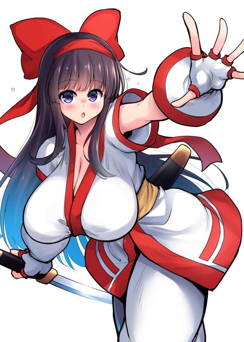 1girls ainu_clothes big_breasts black_hair blue_eyes breasts busty c.r. cleavage female female_only fingerless_gloves gloves hair_ribbon hanging_breasts highres huge_breasts king_of_fighters leaning_forward long_hair looking_at_viewer nakoruru outstretched_arm parted_lips pose posing ribbon samurai_shodown snk solo teeth tongue very_long_hair voluptuous weapon