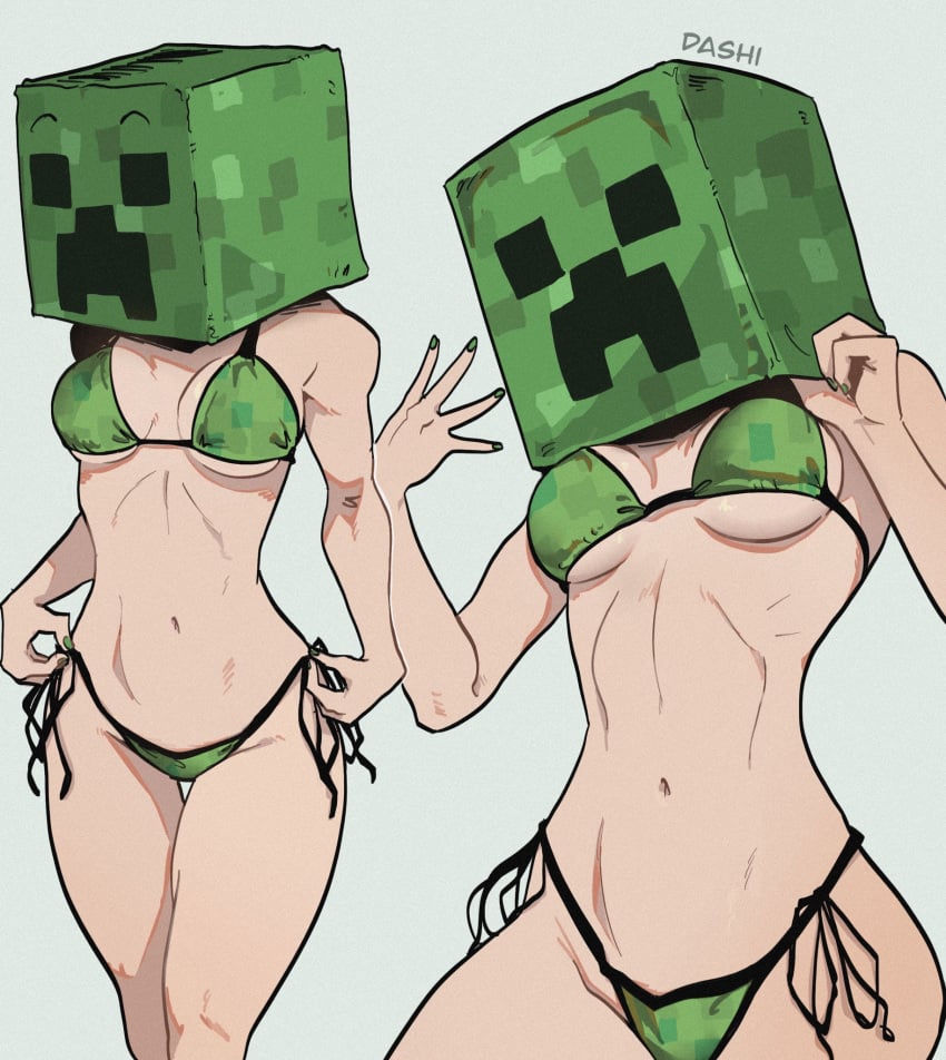 1girls bikini box box_on_head creeper dashi_art female green_bikini green_nails minecraft nail_polish