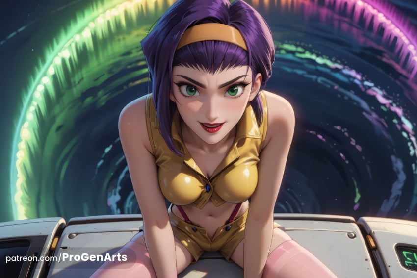 , 1girls ai_generated artist_name bare_shoulders breasts cleavage cockpit cowboy_bebop crop_top faye_valentine green_eyes hairband hi_res lipstick looking_at_viewer makeup medium_breasts midriff navel patreon_username pink_thighhighs progenarts purple_hair red_lips short_hair short_shorts shorts sitting sleeveless smile solo stomach thighhighs yellow_hairband yellow_shirt yellow_shorts