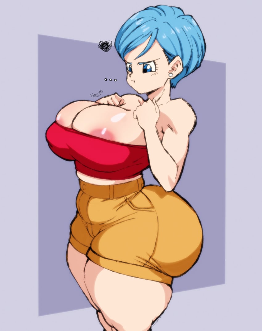 1girls belly big_ass big_breasts blue_eyes blue_hair bulma_briefs cleavage coffeenexxa crop_top curvy curvy_figure dragon_ball dragon_ball_super dragon_ball_z hands_on_own_chest hands_over_breasts huge_breasts large_ass large_breasts nexxa nipples overflowing_breasts plump_ass short_hair shorts small_clothes solo_female thick_thighs tight_clothes tight_clothing voluptuous_female