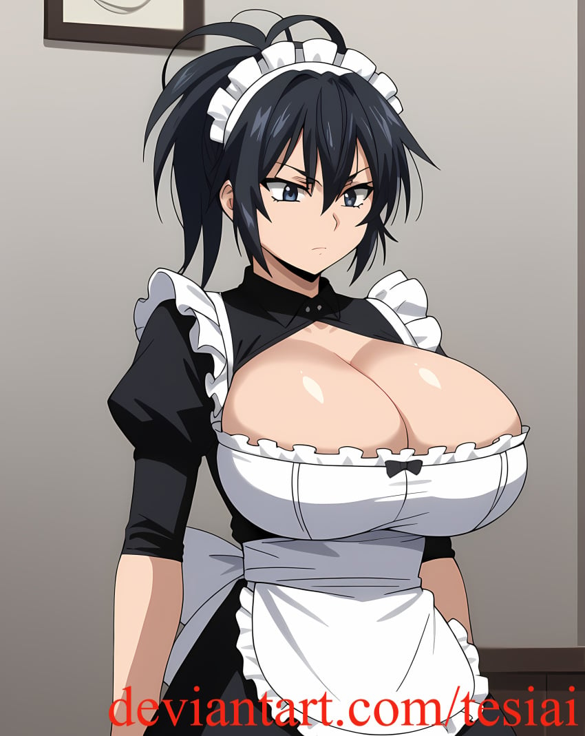 1girls ai_generated ass big_ass big_breasts black_hair blue_eyes breasts busty busty_female female female_only huge_ass huge_breasts large_ass large_breasts light-skinned_female light_skin maid maid_apron maid_cap maid_dress maid_headdress maid_outfit maid_uniform manyuu_chifusa manyuu_hikenchou ponytail solo_female tesiai voluptuous voluptuous_female