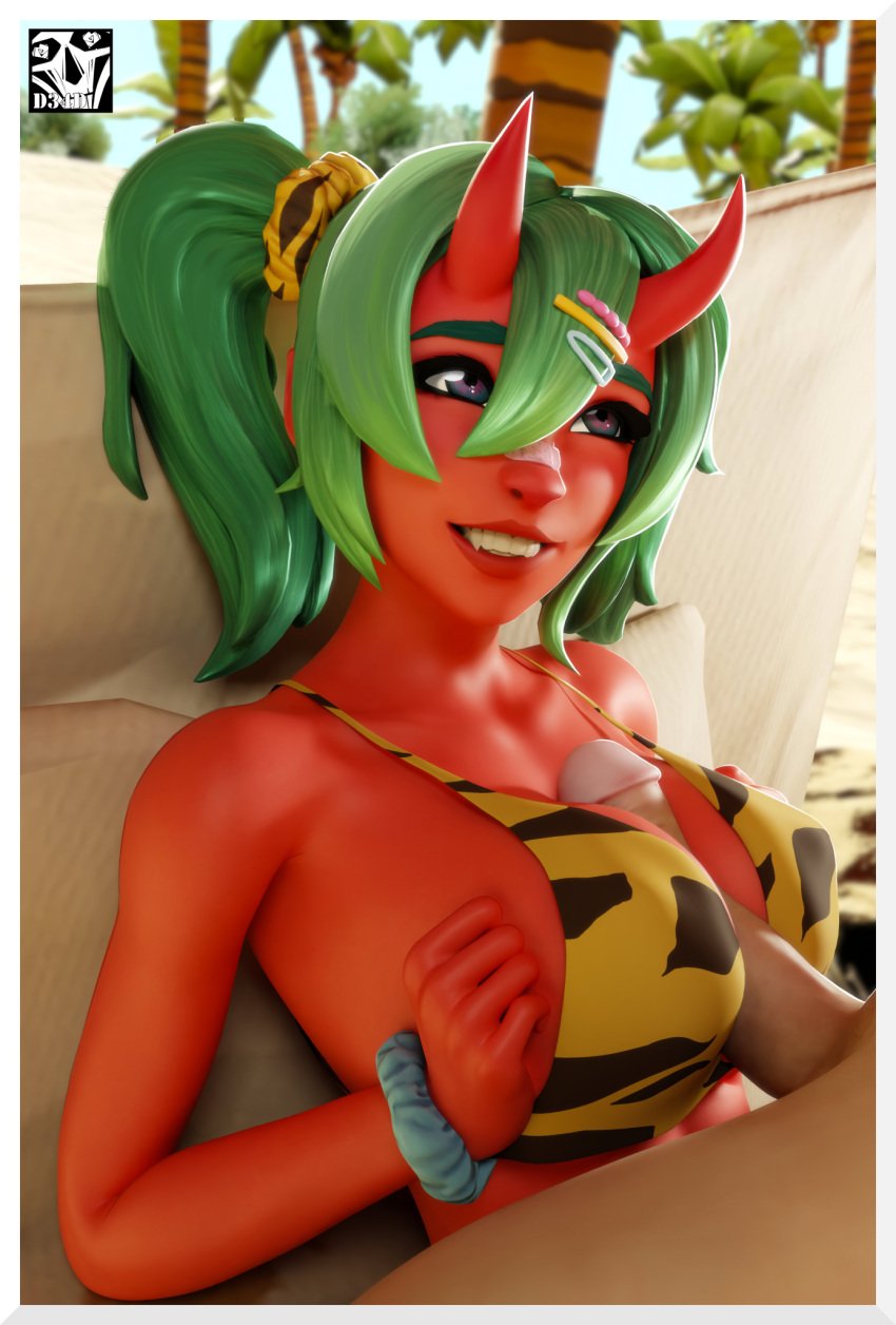 1boy 1boy1girl 1girls 3d bare_shoulders big_breasts bikini_top boobjob breasts demon demon_girl demon_horns female female_focus fortnite fortnite:_battle_royale green_hair hairclip horns light-skinned_male nemia_(fortnite) oni paizuri penis penis_between_breasts purple_eyes red_skin smile smiling tagme twintails undead_h34d unseen_male_face