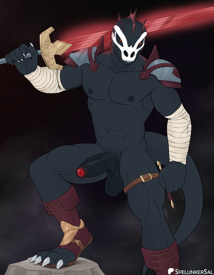 1boy 5_fingers abs anthro argonian armor balls claws clothed clothing digital_media_(artwork) erection fingers foreskin genitals hi_res holding_melee_weapon holding_object holding_sword holding_weapon humanoid_genitalia humanoid_penis knife male male_only mask melee_weapon microsoft muscular muscular_male navel nipples partially_clothed penis red_eyes scalie solo spelunker_sal standing sword tail the_elder_scrolls vein veiny_penis weapon