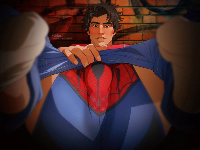 1boy bara blush blushing bulge clothed clothing dizdoodz large_pectorals looking_at_viewer male male_focus male_only male_underwear marvel marvel_comics marvel_rivals muscular muscular_male pants pectorals peter_parker shocked socks solo solo_male spider-man spider-man_(marvel_rivals) spider-man_(series) spread_legs surprised_expression underwear