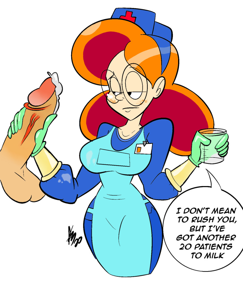 atomickingboo beaker freckles gloves handjob latex_gloves milking_handjob nurse nurse_cap orange_hair penis speech_bubble surgeon terra_mandrile