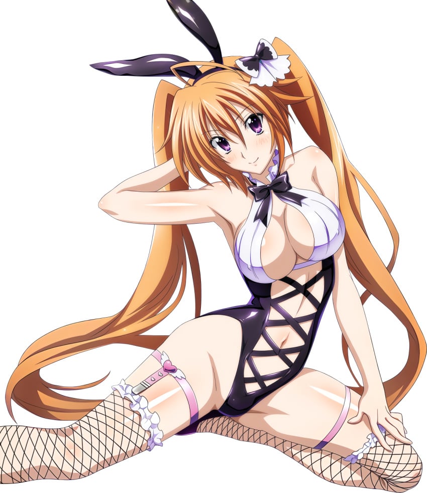 1girls animal_ears arms_behind_head brown_hair bunny_ears bunnysuit cleavage erect_nipples erect_nipples_under_clothes female fishnet fishnet_stockings frills garter high_school_dxd kneeling large_breasts leotard long_hair long_twintails mg_renders orange_hair pink_eyes pinup ribbon shidou_irina smile solo spread_legs stockings thighhighs transparent_background twintails usagimimi very_long_hair