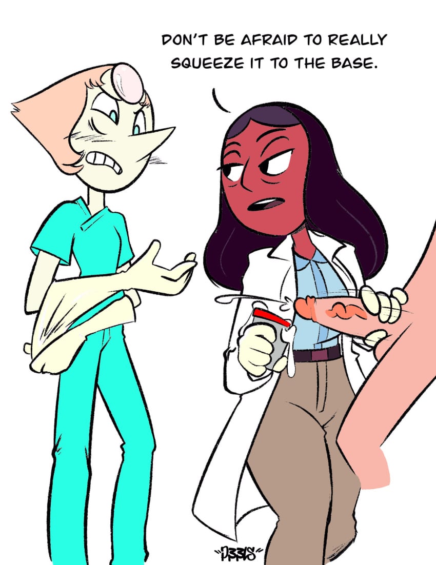 adjusting_gloves cup disgusted doctor gloves handjob joshin labcoat latex_gloves nurse pearl_(steven_universe) penis_milking priyanka_maheswaran putting_on_gloves speech_bubble sperm_donation steven_universe