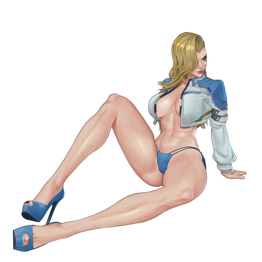 1girls absurdres blonde_hair blue_panties breasts cloak_and_dagger dagger_(marvel) dagger_(marvel_rivals) female female female_only galaad1800 heels high_heels highres jacket long_hair marvel marvel_rivals open_clothes open_jacket panties simple_background solo solo_focus thick_thighs underwear weapon