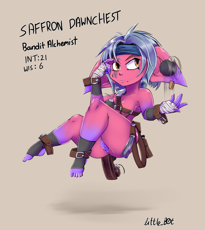 absurdres anus bandaged_hand bandages black_headband bomb bottomless breasts character_name cleavage colored_skin english_commentary explosive facial_mark female floating full_body gradient_skin grey_hair headband highres large_ears little_b0t medium_breasts mismatched_eyebrows orange_eyes orange_skin original pink_skin pouch pussy short_hair signature solo toeless_legwear