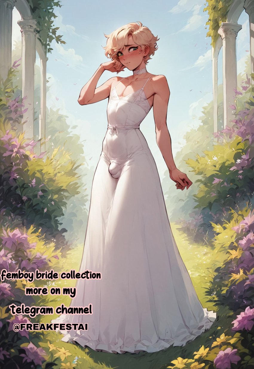 1boy ai_generated blonde_hair blonde_hair_top blue_eyes bride bulge bulge_through_clothing cute dress flower flowers freakfestai looking_at_viewer solo solo_femboy solo_focus solo_male standing submissive submissive_male white_dress