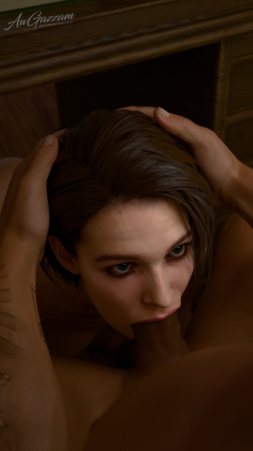 1boy 1girls 3d aw-gazzam big_penis biohazard black_penis blender bloodshot_eyes blowjob blue_eyes bob_cut brown_hair capcom caucasian chin_length_hair cute dark-skinned_male deepthroat eye_contact female green_eyes head_grab intense_stare jill_valentine jill_valentine_(sasha_zotova) kneeling light-skinned_female nude oral petite resident_evil resident_evil_3 resident_evil_3_remake seductive_eyes seductive_mouth slim throat_barrier throat_fuck under_the_table