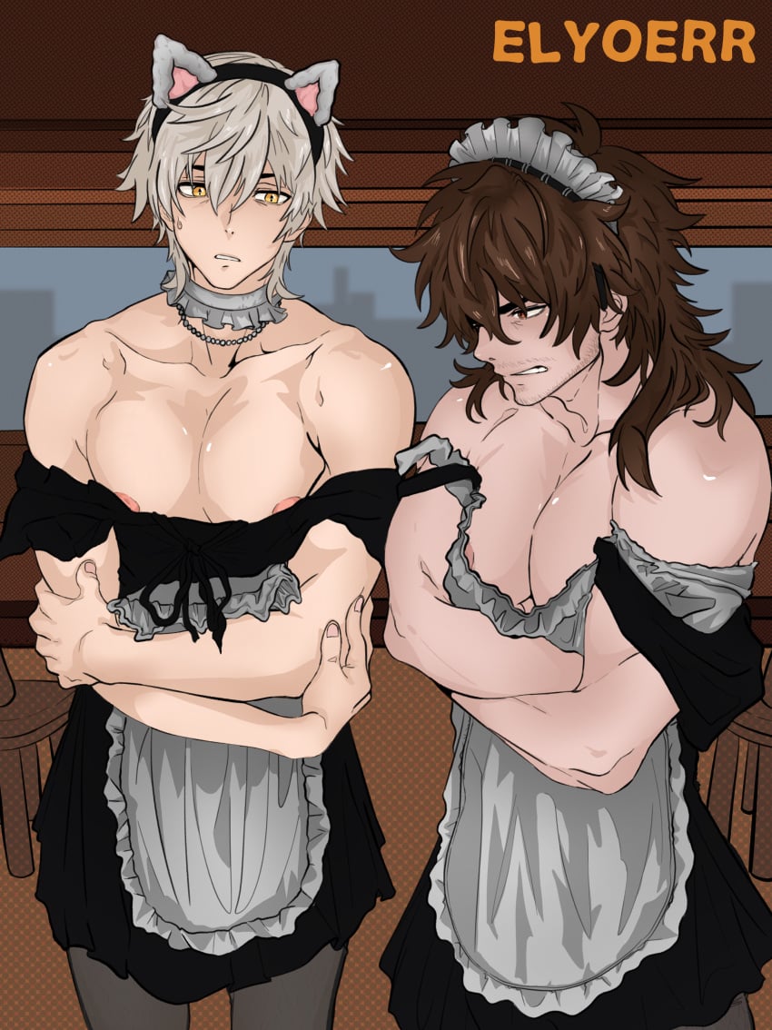 2boys brown_eyes brown_hair caelus_(honkai:_star_rail) cafe clothing elyoerr embarrassed embarrassed_expression facial_hair gallagher_(honkai:_star_rail) hairy_legs hairy_male hairy_nipples honkai:_star_rail honkai_(series) large_ass large_butt large_thighs maid maid_apron maid_headdress maid_outfit maid_uniform male male_focus male_only mihoyo muscle muscles muscular muscular_male nipple_slip nipples nipples_visible_through_clothing red_eyes stockings tights trailblazer_(honkai:_star_rail) white_hair yellow_eyes