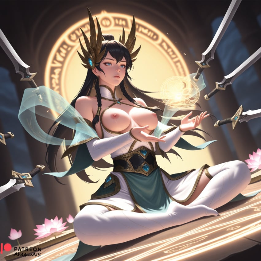 ahegao_ai ai_generated breasts breasts breasts_out divine_sword_irelia irelia_xan league_of_legends league_of_legends:_wild_rift meditation medium_breasts nipples riot_games sword tits_out