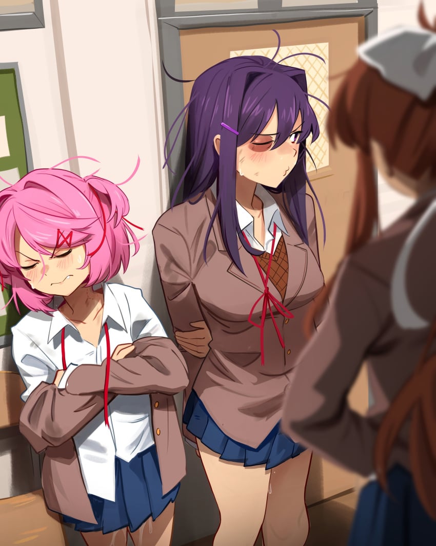 3girls absurdres blush breasts bruise bruise_on_face bruised_eye doki_doki_literature_club highres holding indoors injury jacket khyle. large_breasts long_hair looking_at_viewer monika_(doki_doki_literature_club) multiple_girls natsuki_(doki_doki_literature_club) pink_hair shirt short_hair white_shirt yuri_(doki_doki_literature_club)