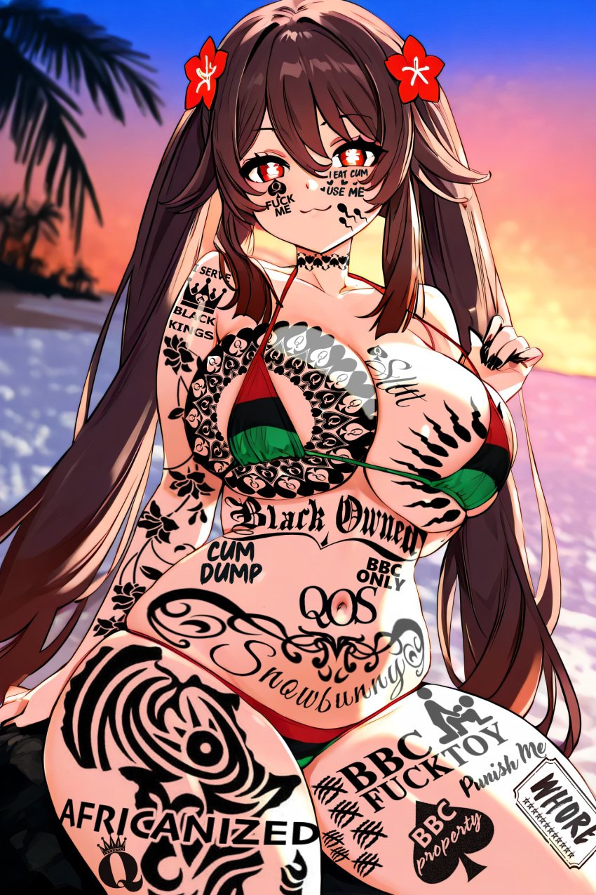 ai_generated beach big_breasts bikini black_owned blacked blurry_background body_writing brown_hair curvaceous curvaceous_female curvy curvy_body curvy_female curvy_figure curvy_hips curvy_thighs evening genshin_impact hu_tao_(genshin_impact) huge_breasts large_breasts long_hair micro_bikini navel outdoors pan-african_colors pan-african_flag pan-african_flag_bikini plump plump_thighs queen_of_spades red_eyes sitting snowbunny solo symbol-shaped_pupils tattoo tattoo_on_arm tattoo_on_chest tattoo_on_face tattoo_on_legs tattoos tattoos_everywhere thick thick_thighs water