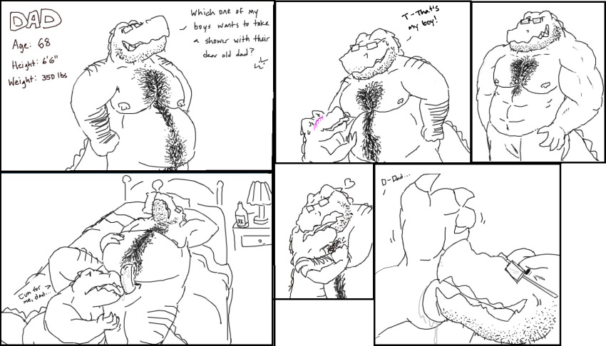 >:3 age_difference alligator animal_genitalia beard bed bedroom belly belly_hair body_hair chest_hair claws comic crocodilian duo english_text erection eyewear facial_hair father father_and_son gator_(artist) genital_slit glasses happy_trail heart incest kissing licking male mature_male nipples older_male parent reptile scalie size_difference slit son text tongue tongue_out yaoi