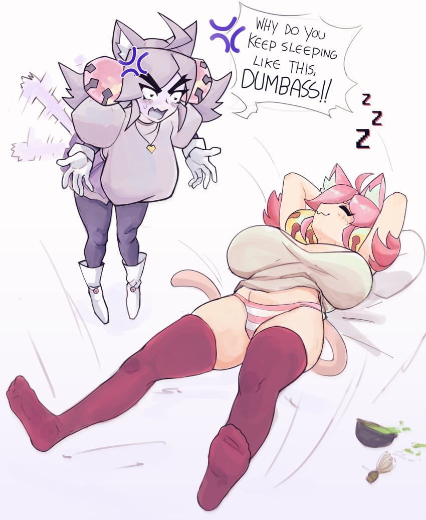 2026 2d 2girls catgirl deltarune deltarune_chapter_5 irritable_ghost_(deltarune) mad_mew_mew massive_breasts pink_(deltarune) pink_hair sagging_breasts sleeping striped_panties tagme tagme_(artist) thighhighs wagging_tail