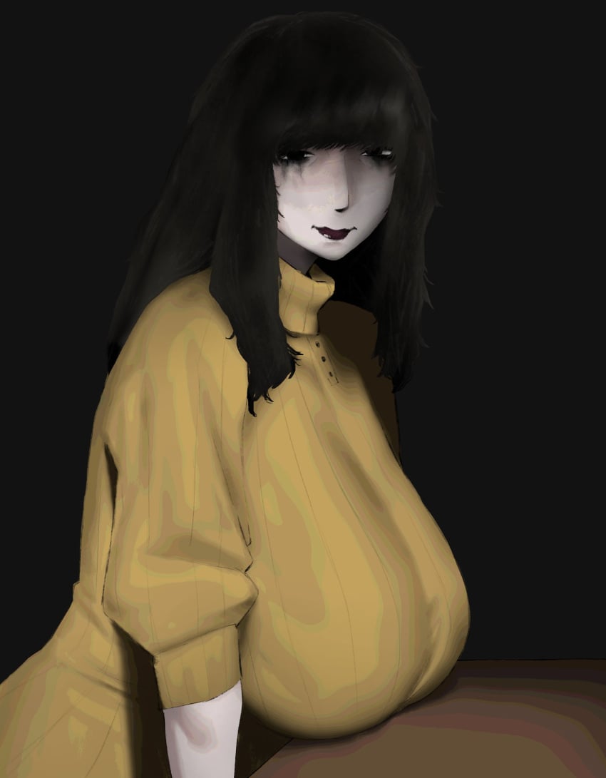 1female 1girl 1girls 2026 bangs big_breasts black_eyes black_hair breasts breasts_on_table breasts_resting_on_table buttons clothed clothed_female clothing female female_only hanging_breasts huge_breasts human human_female jpeg jpg large_breasts leaning_back leaning_forward lipstick long_nose looking_at_viewer makeup makeup_running meruzis milf nose red_lipstick rosemary_walten running_makeup running_mascara runny_makeup runny_mascara sad_smile sagging_breasts slight_smile solo solo_female the_walten_files top_heavy turtleneck turtleneck_sweater twitter_link woman