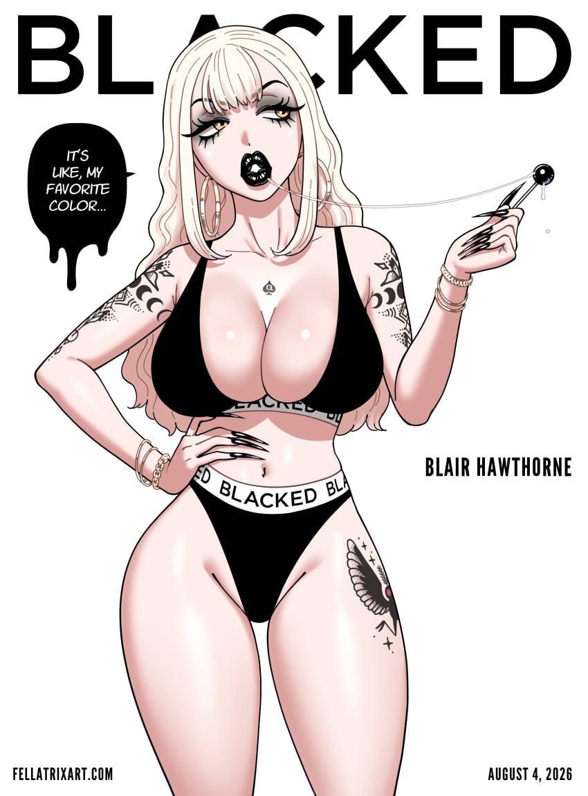 1girls acrylic_nails amber_eyes big_breasts bimbo bimbo_body bimbo_lips black_lipstick blacked blacked_clothing blair_(fellatrix) blonde blonde-haired_female blonde_female blonde_hair cleavage english english_text fellatrix gold_hoop_earrings gold_jewelry hand_on_hip hoop_earrings light-skinned_female light_skin lingerie lipstick lollipop long_eyelashes long_hair long_nails original qos qos_clothing qos_tattoo queen_of_spades queen_of_spades_symbol queen_of_spades_tattoo solo solo_female spit_trail tattoo tattoo_on_chest thick thick_lips thighs