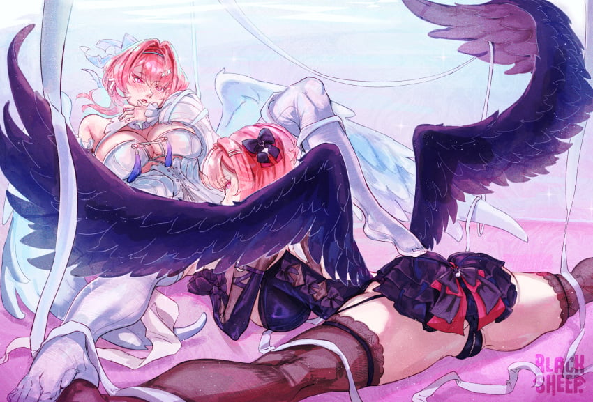 2girls angel ass ass_focus back_view bare_shoulders bare_thighs barefoot big_breasts black_legwear black_lingerie black_lingerie_panties black_panties black_stockings black_wings blacksheepdraws boobs breasts butt butt_focus cleavage from_above from_below garter_belt garter_straps gloves hoyoverse large_breasts legs_apart legs_spread legs_up legwear lesbian lingerie micro_skirt miniskirt one_leg_up pink_eyes pink_hair pussy_focus remielle_(zenless_zone_zero) remielle_dan remielle_dan_(moonlight_whispers) ribbon sideboob stockings suggestive thick_butt thighhighs thighs underboob white_legwear white_skin white_stockings white_wings wings yuri zenless_zone_zero
