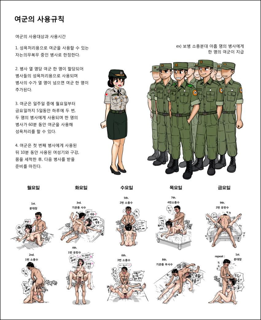 barefoot black_hair blowjob color comfort_woman dialogue doggy_style face_fucking fellatio female_soldier gogocherry irrumatio korean_text multiple_boys multiple_girls nipples oral sex_slave soldier text translation_request uniform