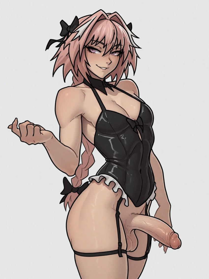 1boy 1femboy 2025 ai_generated astolfo_(fate) balls big_penis black_leotard braid braided_hair crossdressing fate_(series) femboy feminine_male frilled_leotard frills garter_straps girly leotard light-skinned_male looking_away male male_only malebolgia no_panties pectorals penis pink_hair purple_eyes simple_background solo standing testicles thighs trap white_background