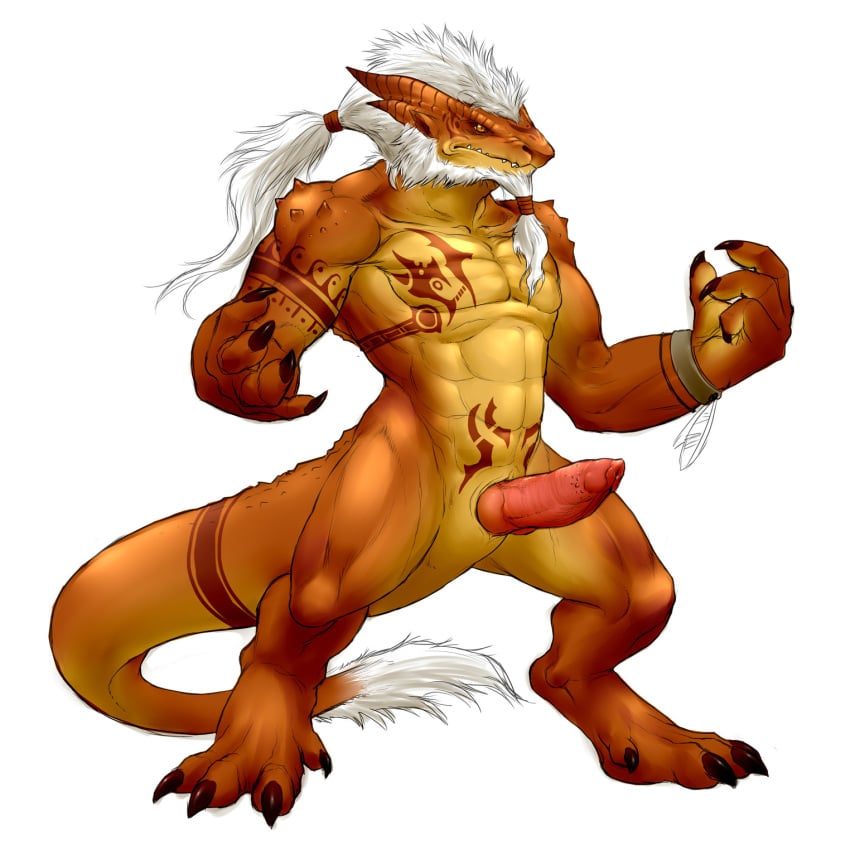 1boy 2014 abs barefoot beard biceps claws dragon facial_hair fur genital_slit hair hennex hi_res horn knot long_hair male male_only manly muscles nude orange_dragon original_character pecs ponytail rollwulf sharp_claws sharp_teeth solo spikes standing teeth tied_hair toe_claws