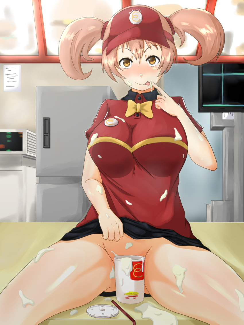 :p ascii_media_works bad_id bad_pixiv_id blush bowtie breasts brown_hair cap convenient_censoring cup dengeki_daioh female hataraku_maou-sama! highres huge_breasts legs long_hair looking_at_viewer mgronald's_cup mgronald's_restaurant mgronald's_uniform naughty_face no_panties polo_shirt sasaki_chiho sitting smile solo source_request spread_legs thighs tied_hair tongue tongue_out twintails uniform white_fox_(studio) woodzzz year_request yellow_eyes