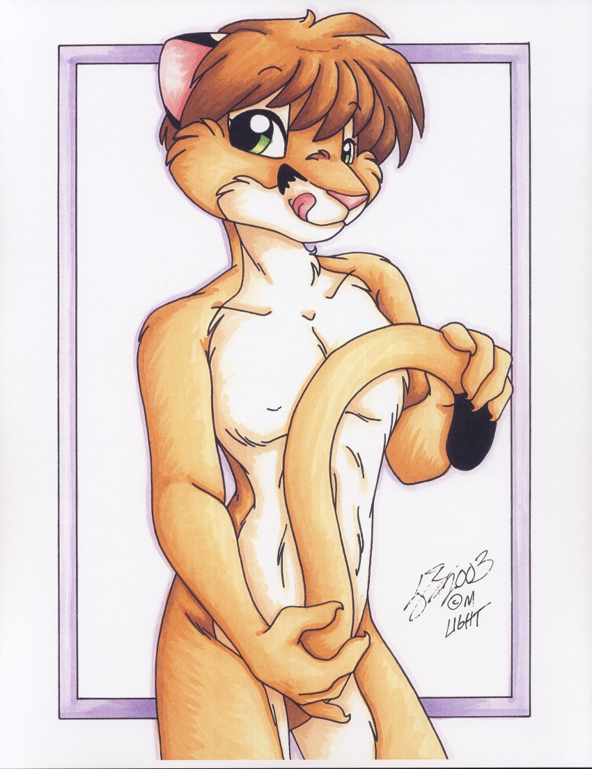 2003 anthro feline fur furry hi_res high_resolution highres looking_at_viewer male male_only michele_light nude pinup solo tail_between_legs traditional_media