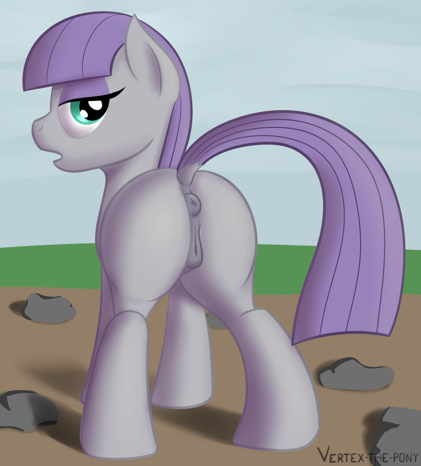 2014 anus ass blue_eyes earth_pony equine female female_only feral friendship_is_magic fur grey_fur hair half-closed_eyes hi_res horse looking_at_viewer looking_back mammal maud_pie_(mlp) my_little_pony nipples open_mouth outside pony purple_hair pussy rock solo standing vertex