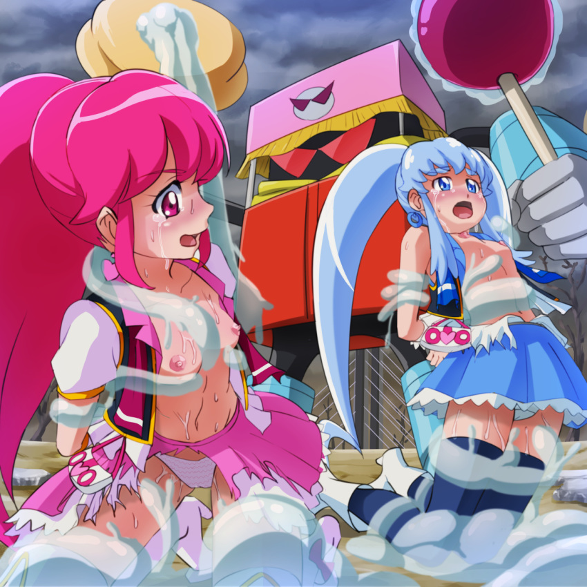 aino_megumi arms_behind_back blue_eyes blue_hair blush bondage breasts clothing cure_lovely cure_princess female flat_chest happinesscharge_precure! legs_together long_hair magical_girl mont_blanc_(artist) nipples open_mouth panties pink_eyes pink_hair pink_panties precure pretty_cure restrained saiark shirayuki_hime skirt slime slime_monster spread_legs stockings tears tentacle thighhighs tied_hair topless torn_clothes twintails white_panties