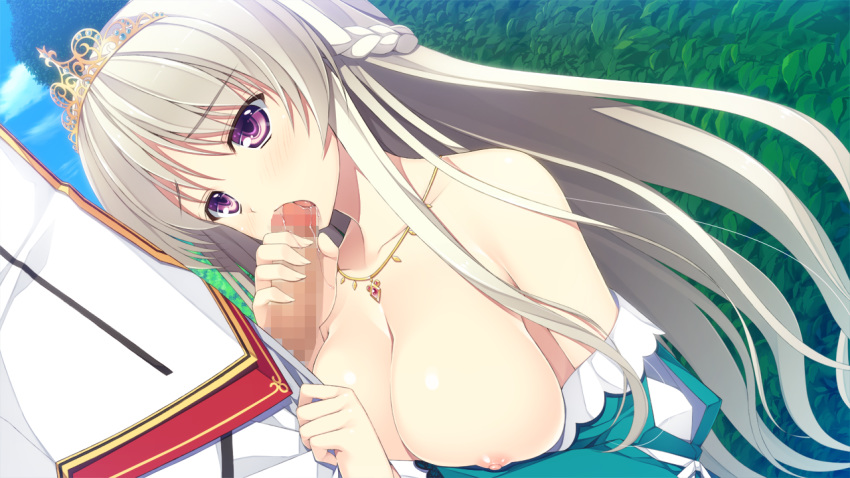 breasts censored crown fellatio game_cg hair jyukishi_cutie_bullet long_hair nipples no_bra oral penis reina_de_medishi yuuki_hagure