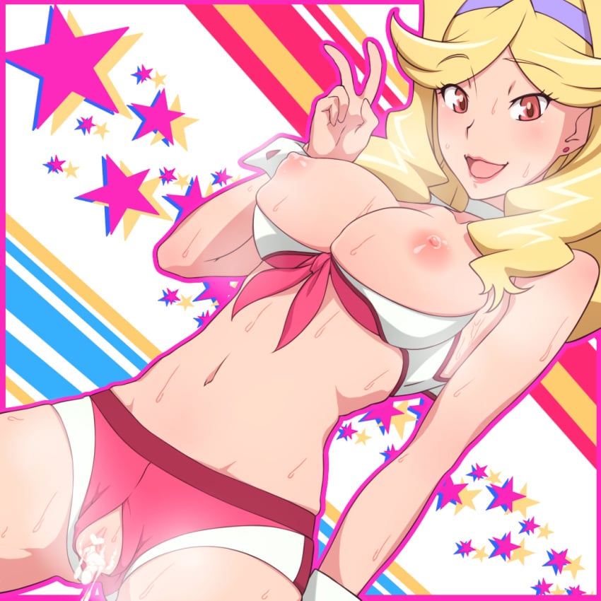 1girls artist_request blonde_hair breasts cum cum_in_pussy female honey_(space_dandy) lipstick long_hair looking_at_viewer navel nipples open_mouth pussy short_shorts shorts smile solo space_dandy sweat v wrist_cuffs