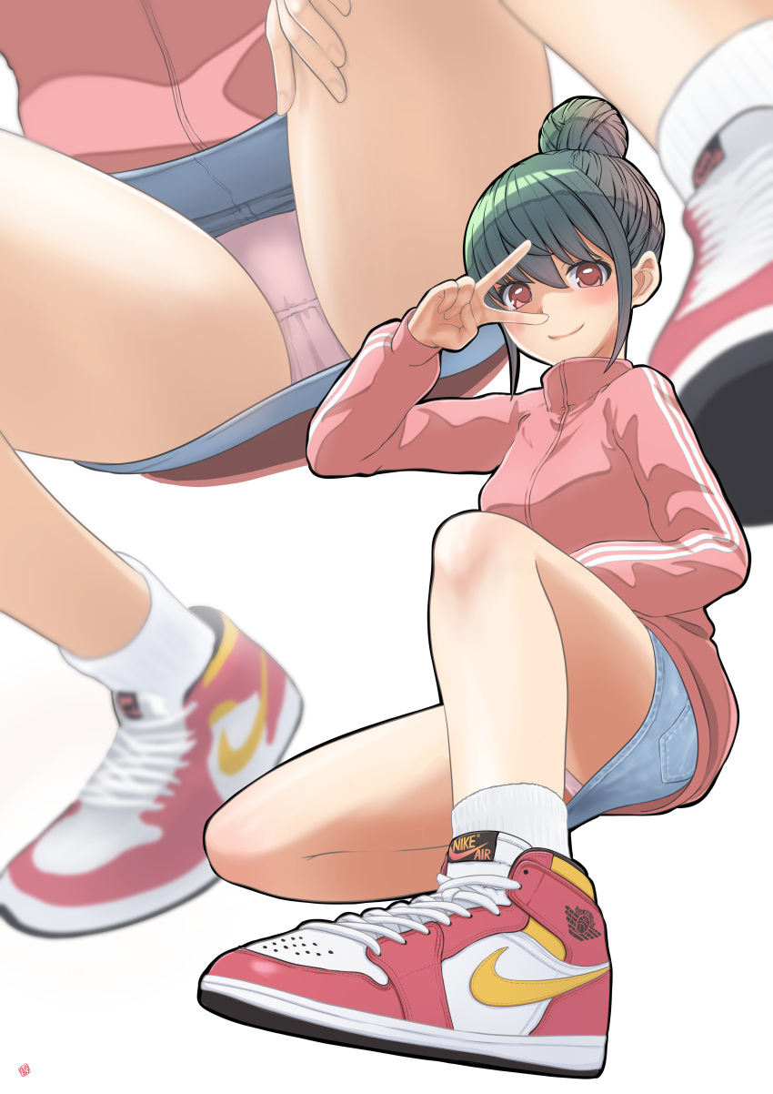 artist_request bare_legs denim_skirt girly girly_girl green_hair hair_bun jean_skirt jersey looking_at_viewer pantyshot pink_panties red_eyes smile sneakers socks tomboy track_jacket upskirt v-sign