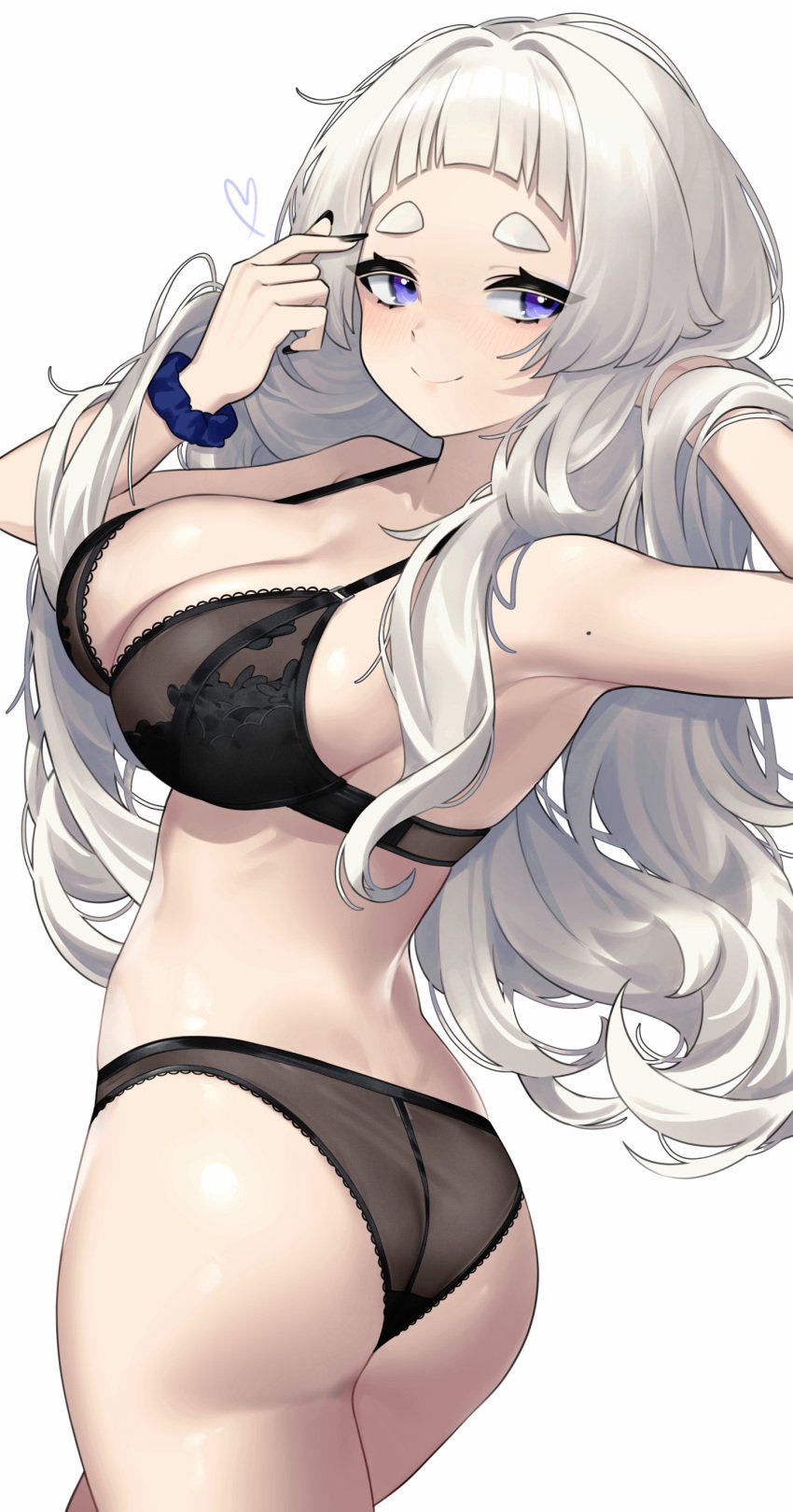 1girls absurdres adjusting_hair ass bare_shoulders black_bra black_nails black_panties blue_scrunchie blunt_bangs blush bra breasts commentary cowboy_shot grey_hair hair_intakes hair_lift hand_in_own_hair hands_in_hair highres large_breasts long_hair looking_at_viewer meg_(wakamepiza) mole nail_polish original panties purple_eyes scrunchie simple_background smile solo standing thick_eyebrows thighs twisted_torso underwear very_long_hair wakamepiza white_background wrist_scrunchie