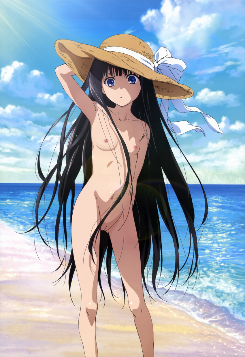 1girls black_hair blue_eyes breasts collarbone completely_nude hat highres kamisama_no_memo_chou looking_at_viewer navel nipples photoshop shionji_yuuko small_breasts standing stomach thighs very_long_hair younger_female