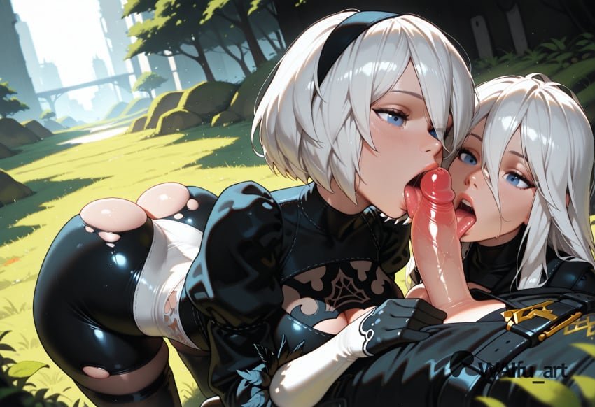 1boy 2girls ai_generated blowjob blue_eyes large_ass large_breasts large_penis licking_penis mature_female nier:_automata short_hair thick_thighs white_hair yorha_2b yorha_9s yorha_a2